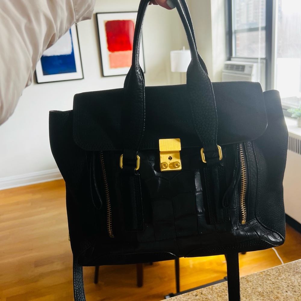 Phillip Lim Pashli Medium Satchel black crocodile with gold hardware